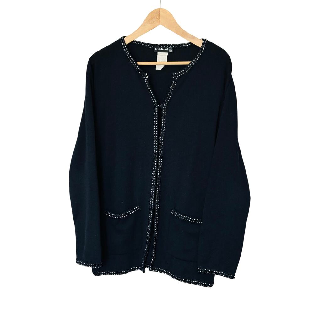Quiet‎ Luxury Black Wool Cardigan Louis Feraud Tweed Trim Jacket 14
